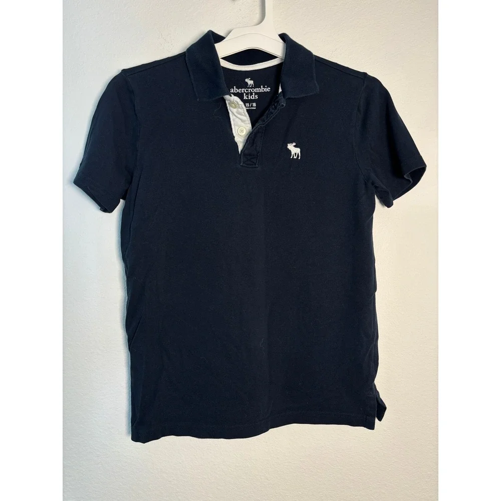 Abercrombie Kids Boys Navy Blue Short Sleeve Polo Shirt Moose Logo Size 15/16